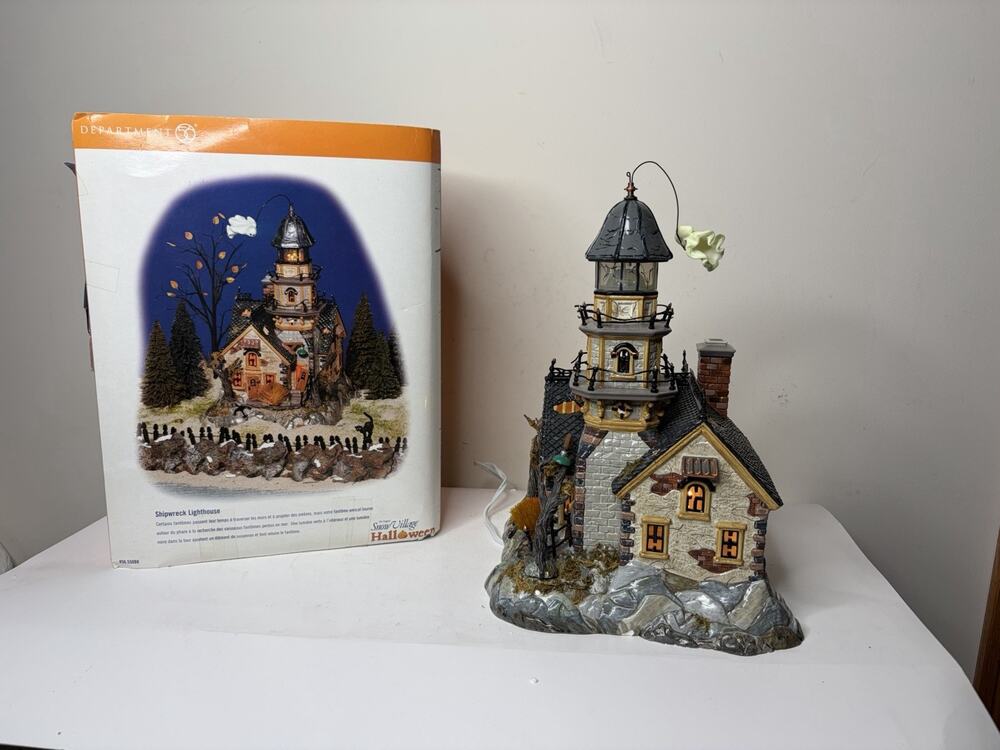 Department 56 Halloween Village Shipwreck Lighthouse Tested Lights Up & Spins